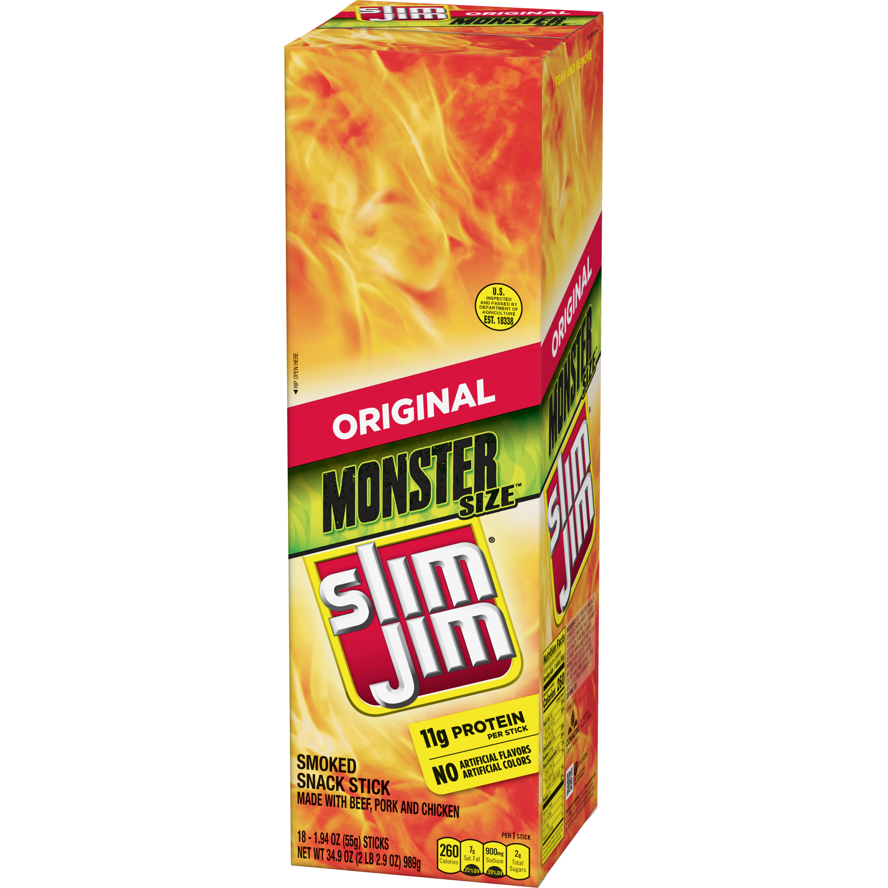 Slim Jim Shipper Monster Stick Powerwing Monster Orig/Tobasco/BBQ 3/18ct 1.94oz